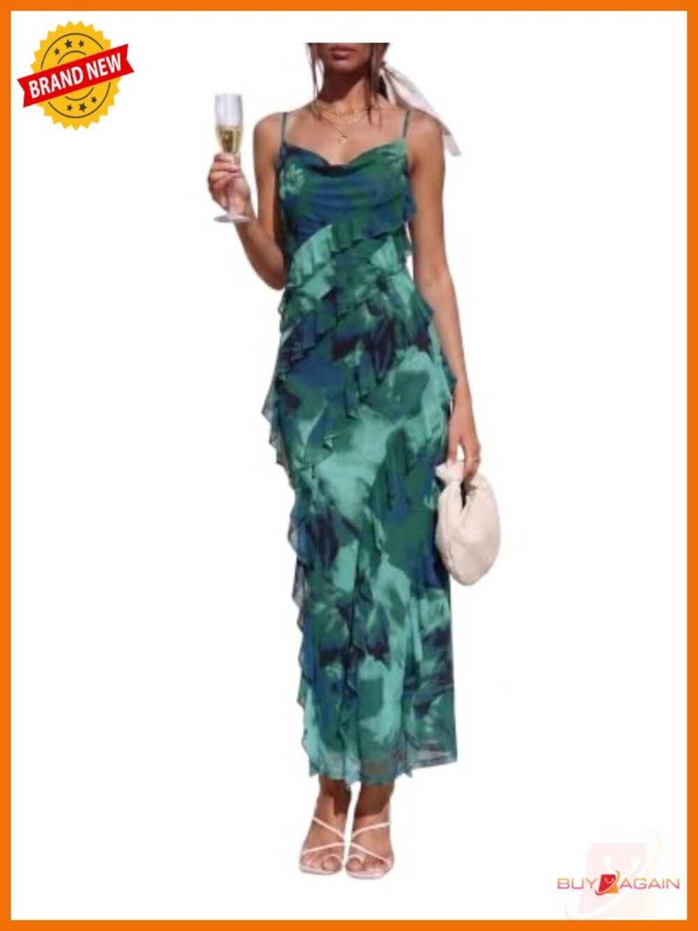 Mesh Ruffle Spaghetti Strap Bodycon Formal Wedding Guest Maxi Dress